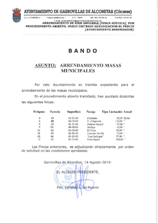 Imagen BANDO: Arrendamiento Fincas Municipales